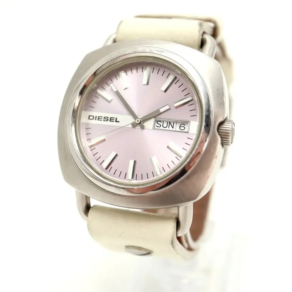Diesel Mens 40mm Day Date Pink Silver Watch White Leather DZ5090 w New Battery